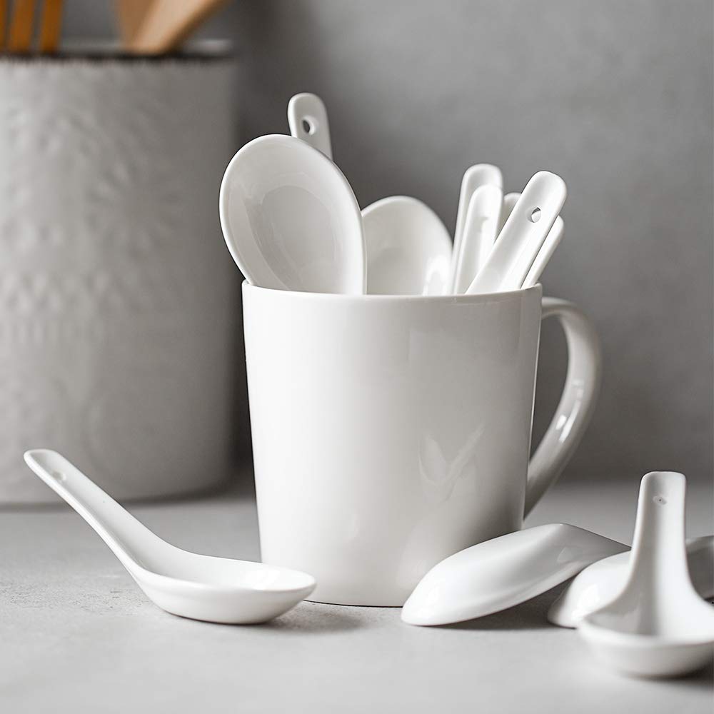 DOWAN Soup Spoons, Ceramic Asian Soup Spoons, White Japanese Spoon Large for Ramen Pho Wonton Dumpling Miso, Deep Oval Hook Design, Set of 12 (12, Soft White)