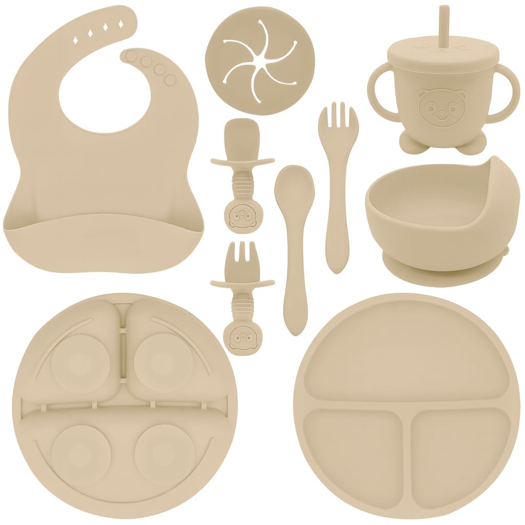 Happy Munchkins Silicone Baby Feeding Set | 9 PCS Baby Led Weaning Supplies Feeding Utensils | Divided Suction Plate Bowl Bib Cup Baby Spoons Forks | Toddler Eating Essentials-6+ Months (Beige)