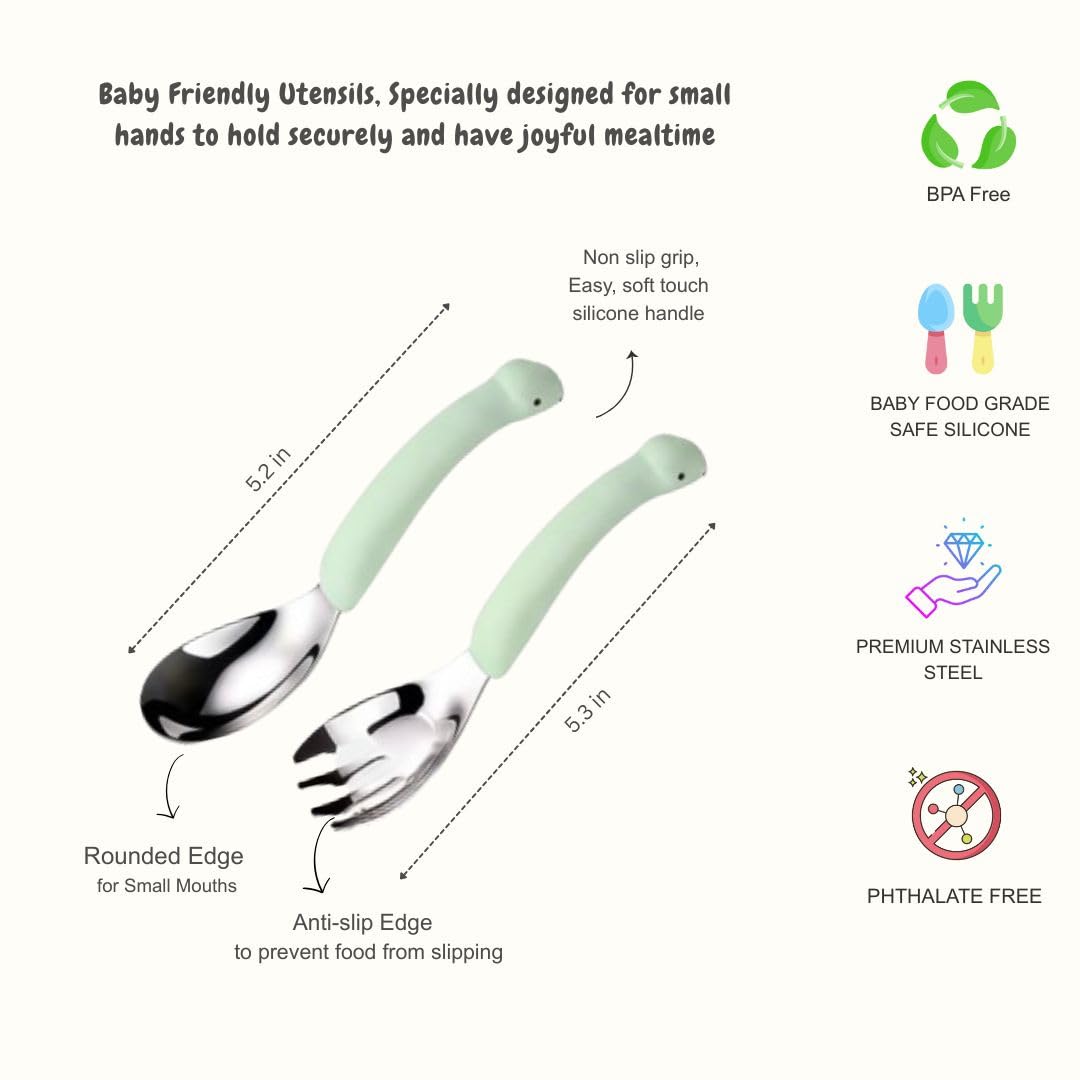Baby Fork and Spoon Set, Cute Dinosaur Shape Premium Stainless Steel Silicone Toddler Utensils, Encourage Self Feeding, Playful & Fun, Safe, BPA Free, Easy Grip, Dishwsher Safe, Perfect Baby Gift