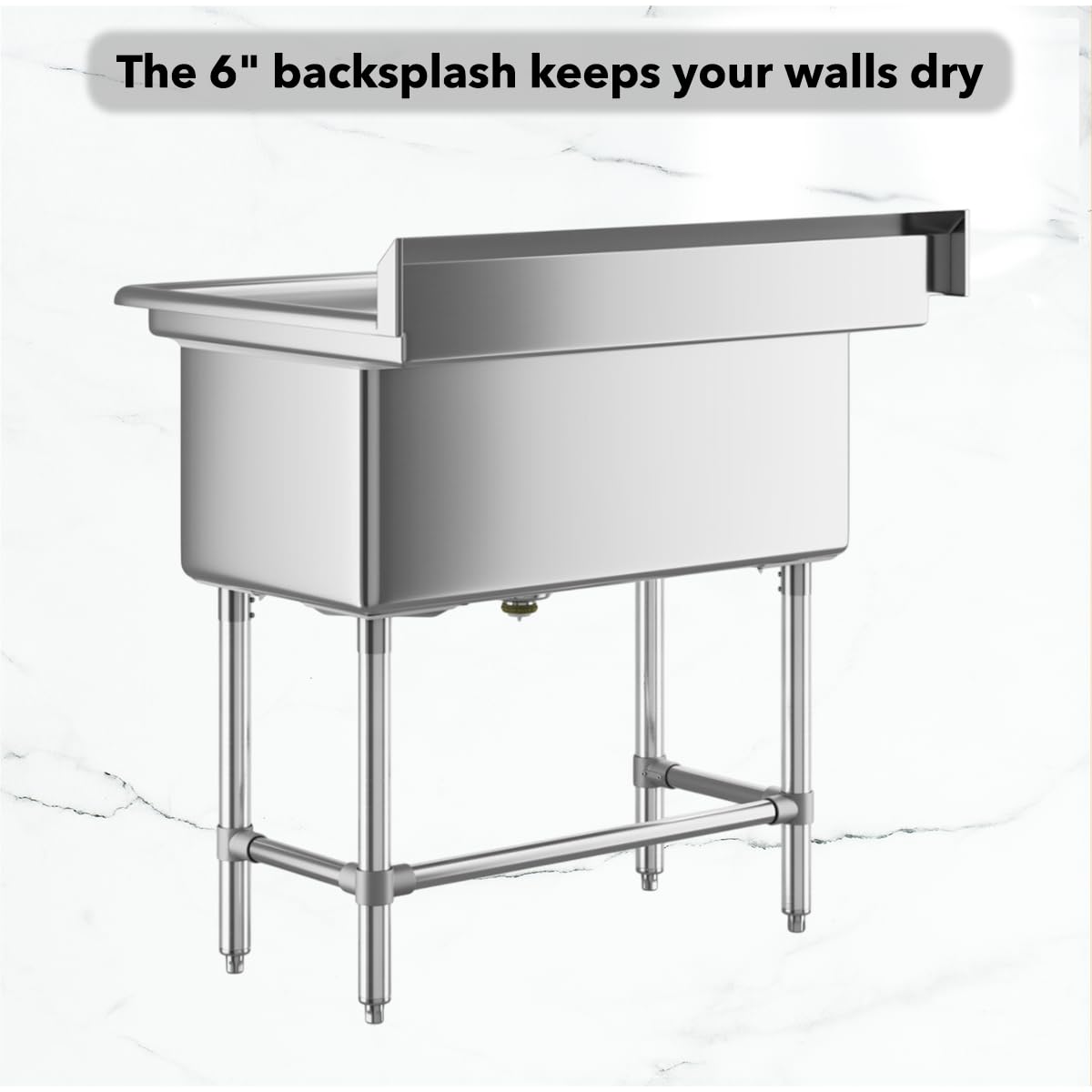 32" x 16" Stainless Steel Utility Sink with 6" Backsplash – 16-Gauge 304 Freestanding Commercial Prep & Wash Sink for Single-Inlet Faucet in Utility Rooms, Cafes, Bars, Foodservice Kitchens