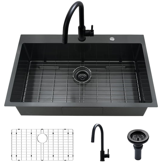33 Black Kitchen Sink with Faucet Combo-VASOYO 33 x 22 Drop In Kitchen Sink Top Mount Black Stainless Steel Deep Single Bowl Over Mount Sinks with Faucet Combo Set