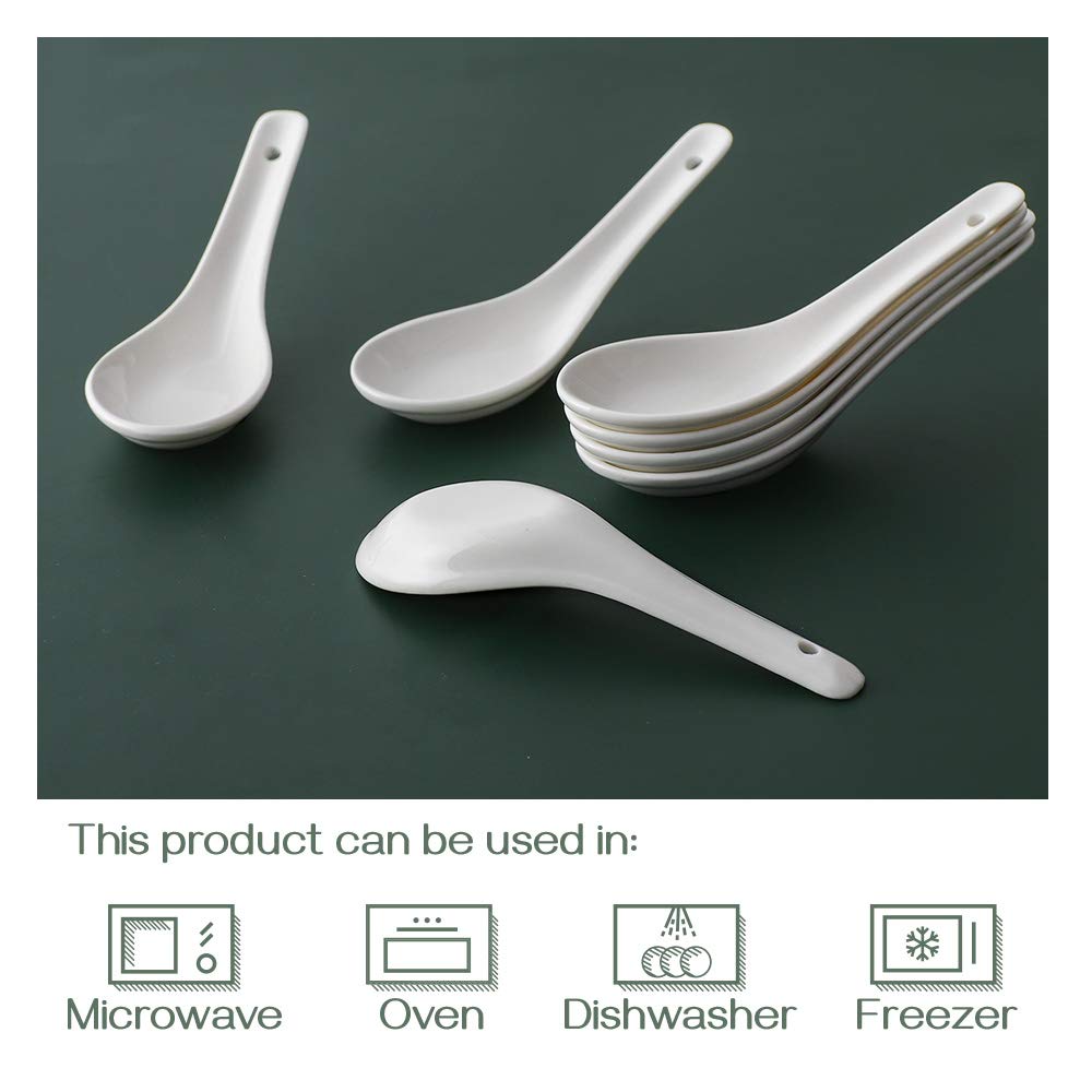 DOWAN Soup Spoons, Ceramic Asian Soup Spoons, White Japanese Spoon Large for Ramen Pho Wonton Dumpling Miso, Deep Oval Hook Design, Set of 12 (12, Soft White)