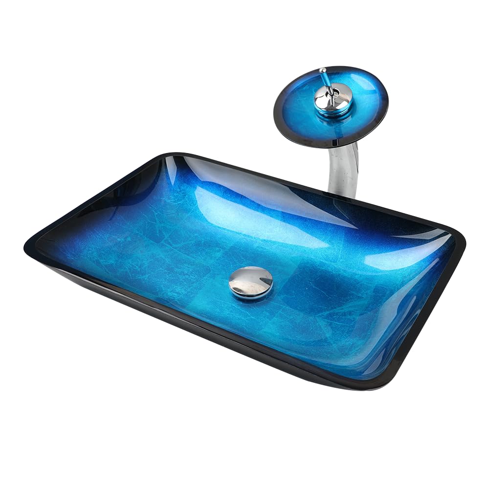 Washly 22" Blue Bathroom Vessel Sink,Rectangle Tempered Glass Washing Sink Bowl with Faucet And Drain, Artistic Bowl Sinks for Bathroom