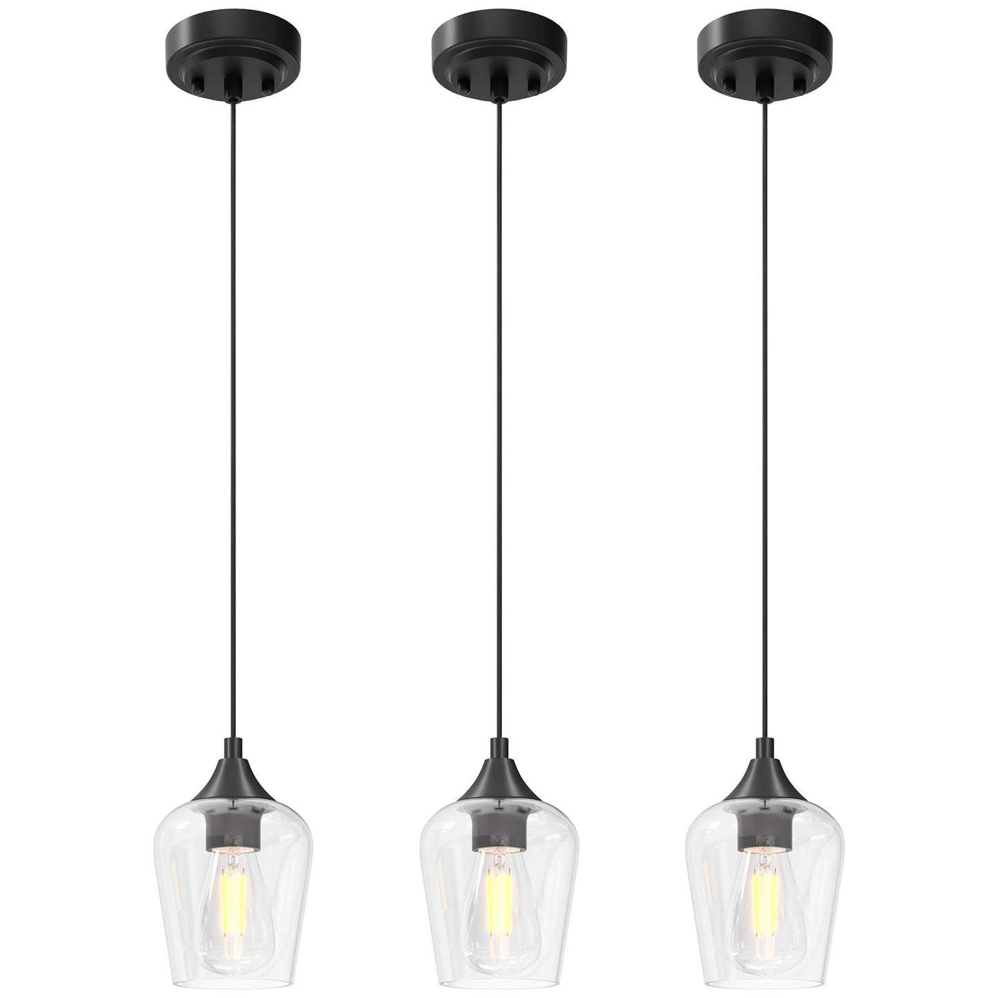 VONLUCE Pendant Lights Kitchen Island, Matte Black Pendant Light Fixtures with E26 Base & Adjustable Cable, Modern Pendant Lighting with Glass Shade for Living Room Bedroom Hallway, 3 Packs