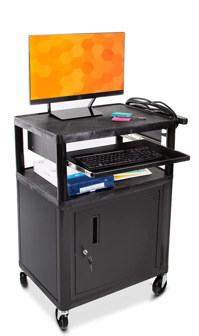 Line Leader Plastic AV Cart with Keyboard Tray and Locking Metal Cabinet, Heavy Duty Mobile Workstation with 4 Rolling Casters, 2 Locking Brakes, Heavy Duty, Holds up to 100 lbs (34 Inch w Cabinet)