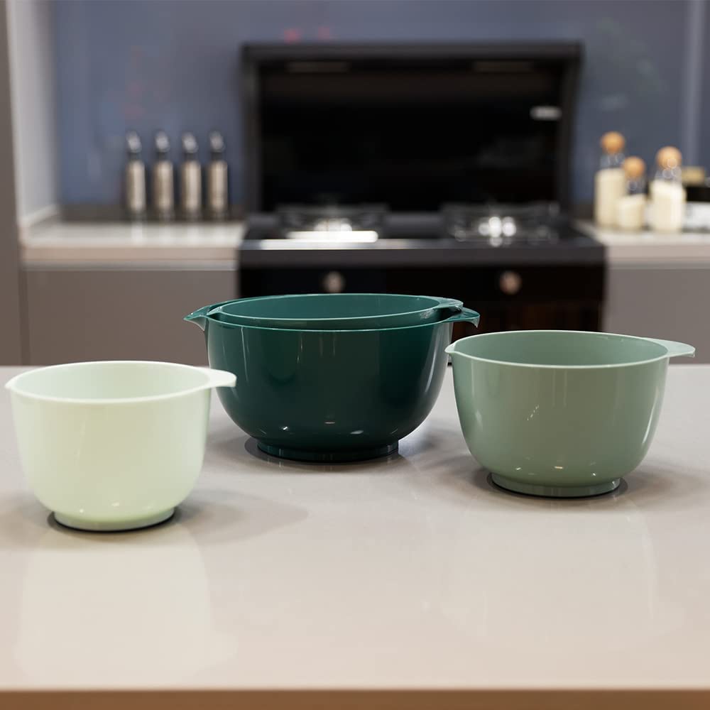 BoxedHome Green Ombre Nesting Plastic Mixing Bowl Set With Pour Spout, Microwave and Dishwasher Safe, BPA free Non-Slip Base, Set of 4 Size 1.7, 2.5, 3.5 and 4.5qt, Great for Prepping, Baking, Cooking