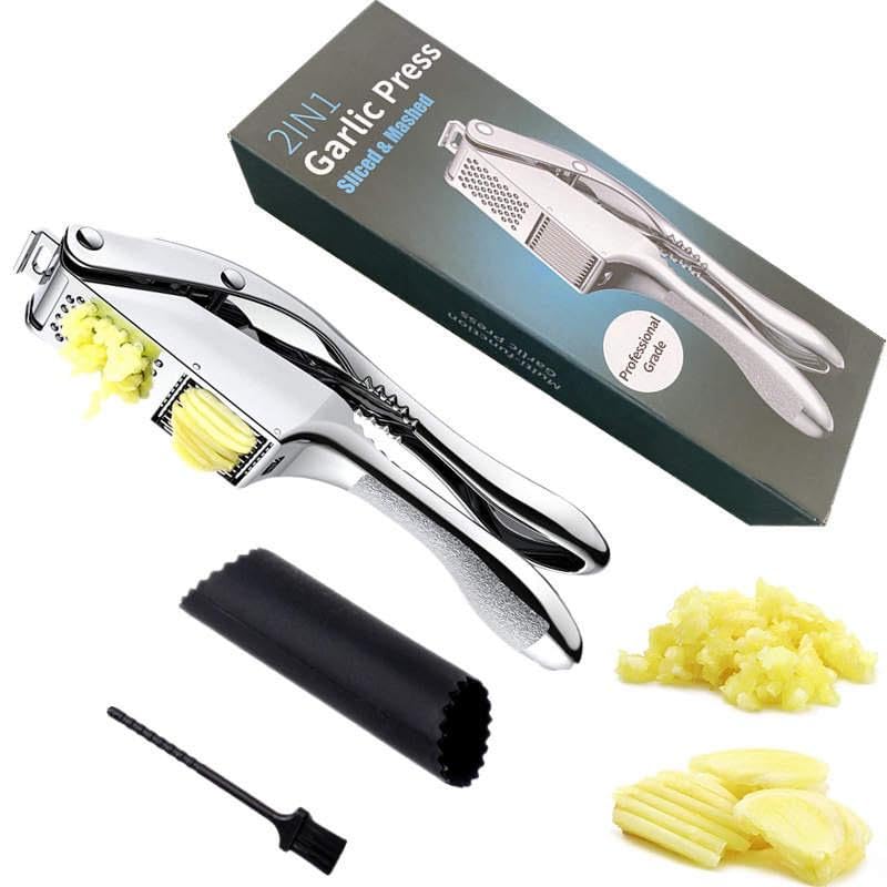 Premium Stainless Steel Garlic and Ginger Press, Walnut Crusher Set,3 in 1 Professional Grade Mincer, Crusher with Brush & Peeler - Easy-Clean, Dishwasher Safe & Soft Handle for Fine Garlic Crushing