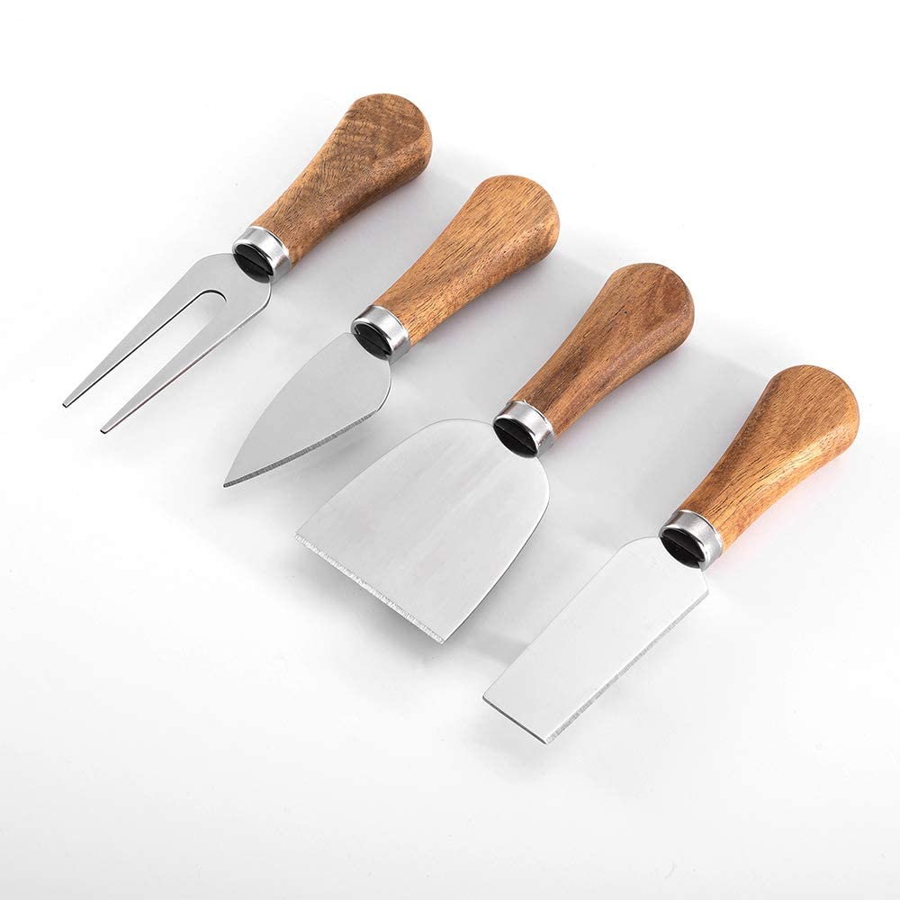 4 Pieces Cheese Knife Set with Wooden Handles Stainless Steel Cheese Knives, Cheese Spreaders, Butter Knife, Mini Serving Tongs, Forks, Charcuterie Board Accessories for Party, Wedding, and Christmas