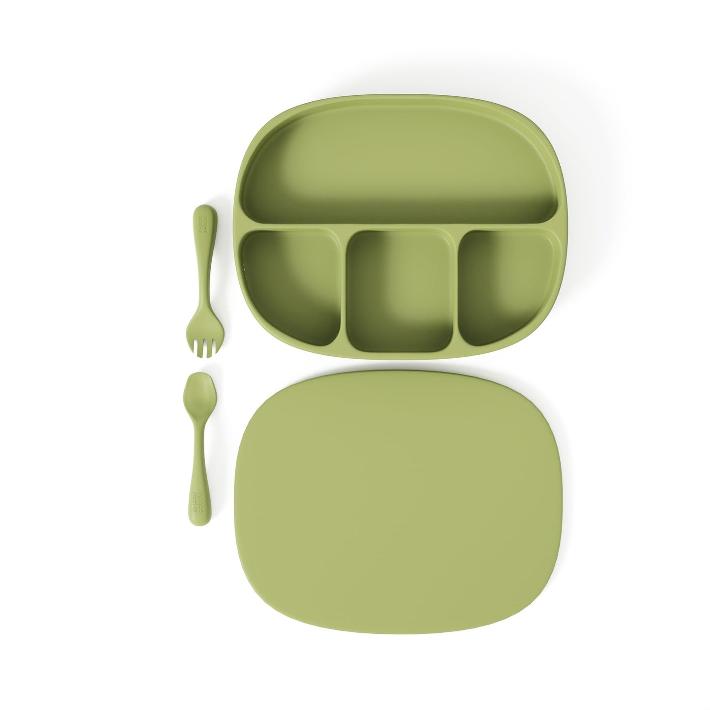 Muqee Peeko Toddler Necessities Baby Feeding Essentials Set for Baby in Green Color with Baby plates with Suction and Silicone Utensil Set - (3 Pieces)