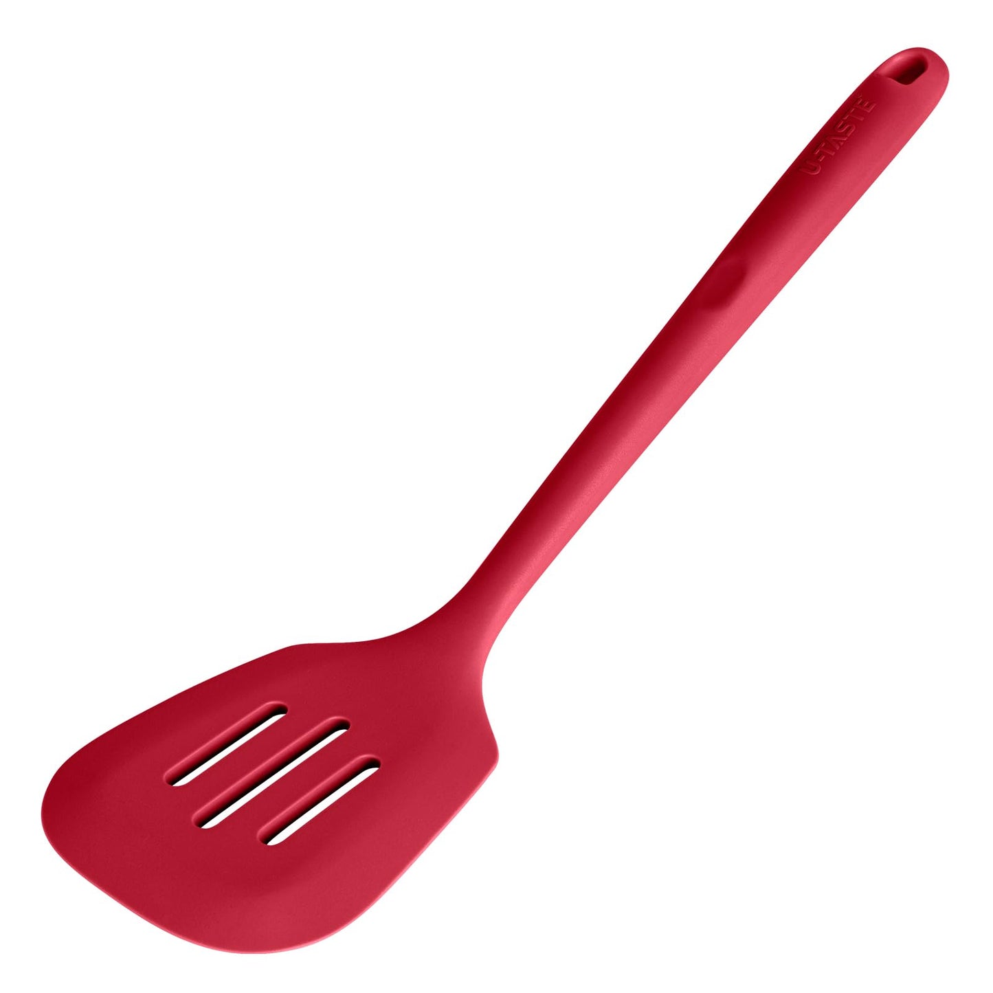 600ºF Heat Resistant Slotted Turner: U-Taste 13.6in Silicone Kitchen Spatula Flipper, 3.74in Wide Food Grade Flexible Thin Rubber Cooking Utensil for Egg, Pancake, Cookie in Nonstick Cookware (Red)