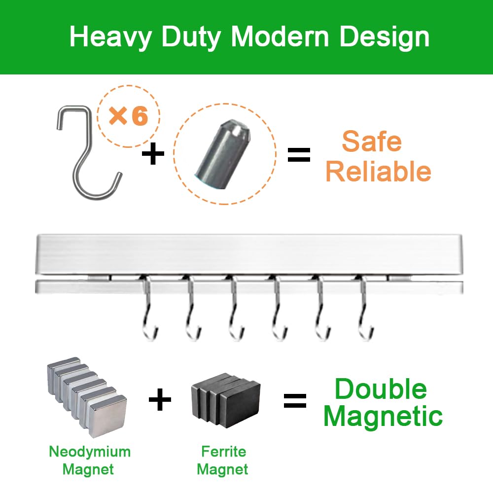 YIIYIIN 12" Premium 304 Stainless Steel Double-Sided Magnetic Knife Holder for Wall -with Adhesive Strip, No Drill -6 Hooks Included for Kitchen Utensils