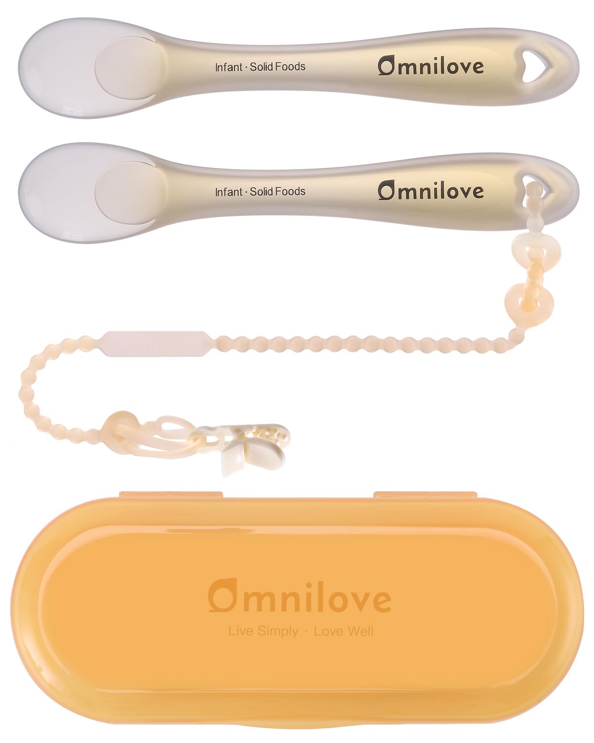 Omnilove Silicone Baby Spoons 2-Pack with Case, Self Feeding 6 Months, Baby Led Weaning Supplies, Toddler Utensils with Safety Chain, Toddler Essentials, Dishwasher Safe Baby Safety Products