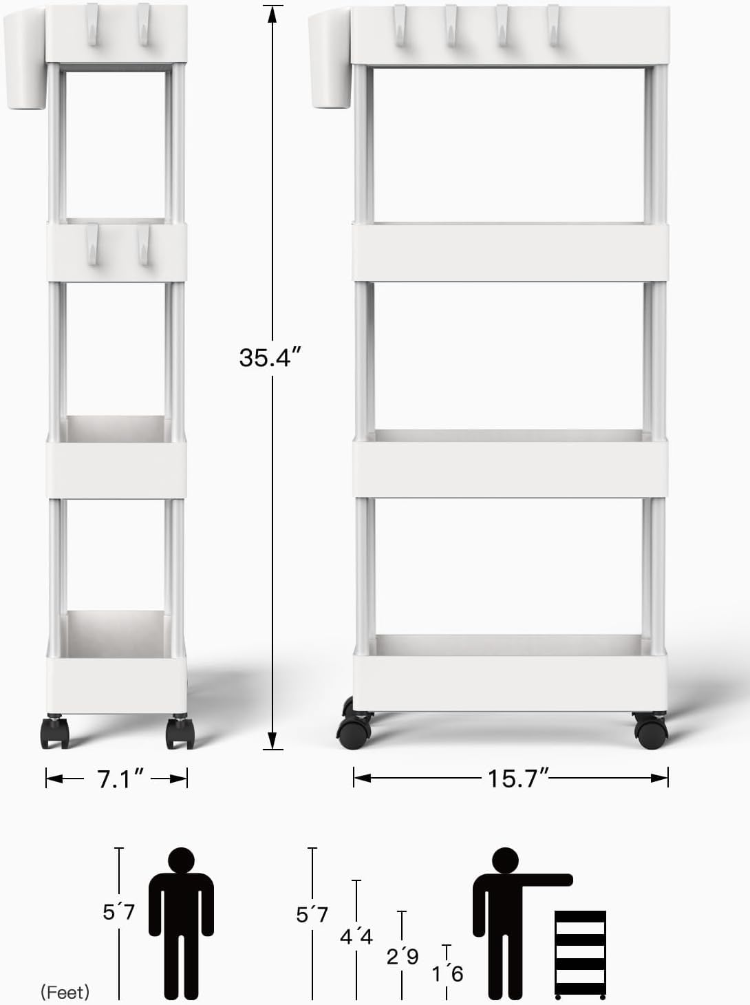Pipishell Slim Storage Cart with Wheels, 4 Tier Bathroom Storage Organizer Rolling Utility Cart for Bathroom Kitchen Laundry Room Office Narrow Place (White)