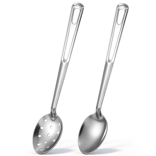 Teecyhooo 2 Pieces Silver Stainless Steel 15" Long Handle Basting Spoon Steel Solid and Slotted Spoon Set for Kitchen Serving Cooking Basting Accessories