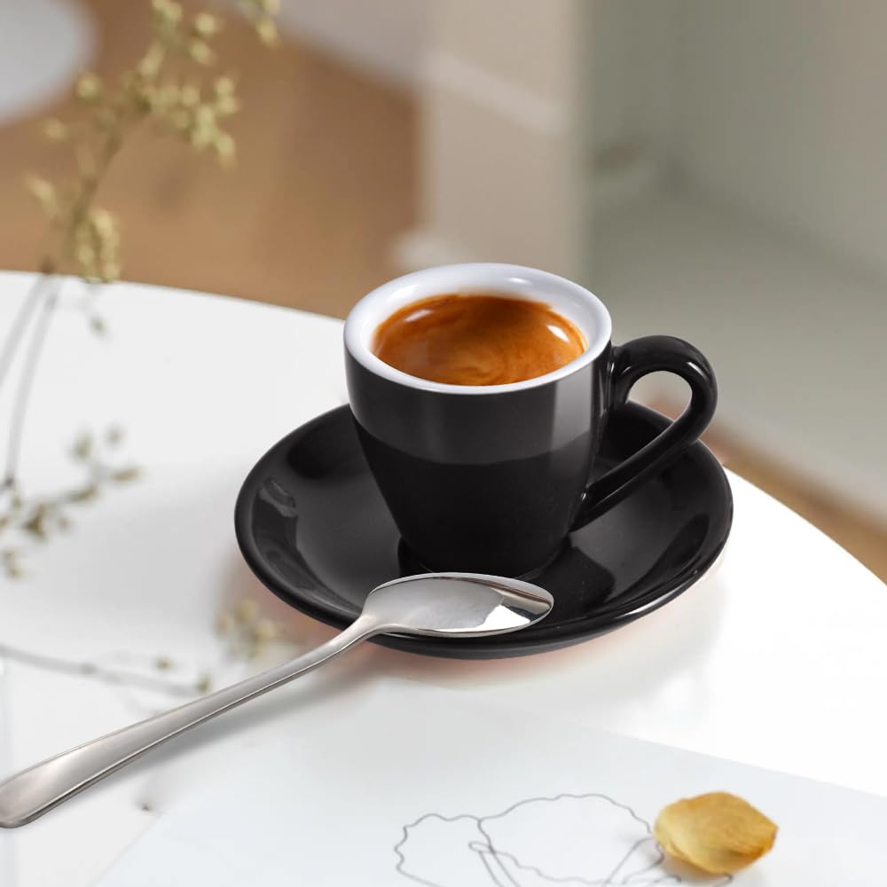 ionEgg Porcelain Espresso Cup with Saucer And Stainless Steel mini Spoons, Espresso shot Cup, 80ml/2.7Oz, Pack of 2, Black