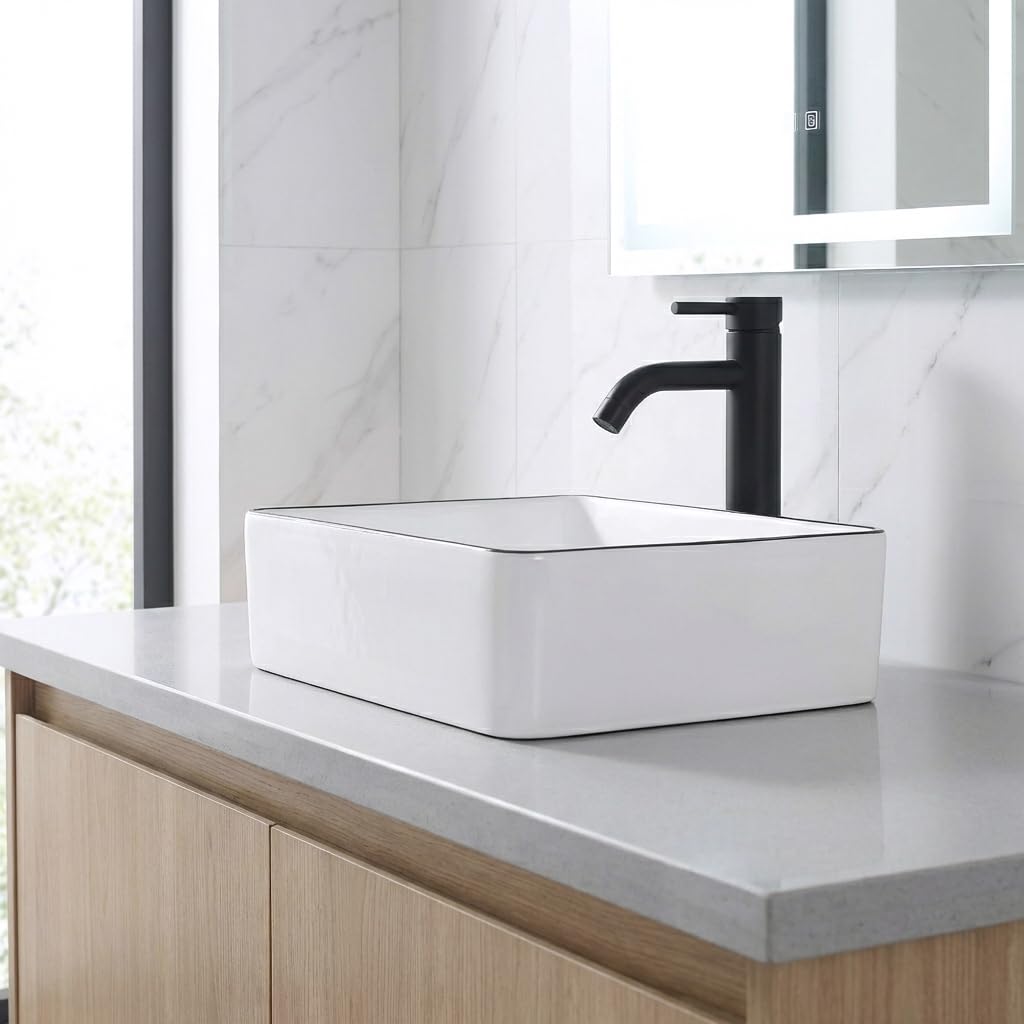 MAISINK Bathroom Vessel Sink, Rectangular 16"x12" Modern Small Bathroom Sink Above Counter, Rectangle White Porcelain Ceramic Small Vessel Sink With Black Trim