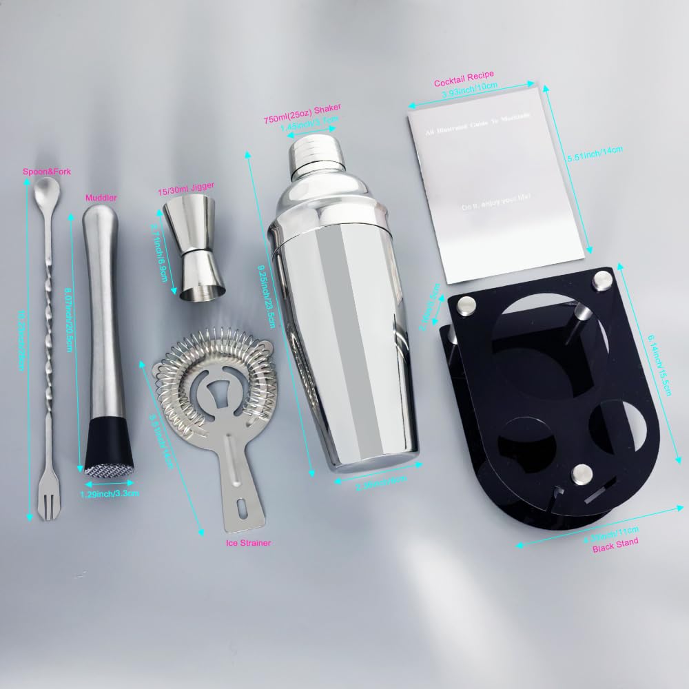 Cocktail Shaker Bartender Kit: 5 Piece Stainless Steel Bar Set, Cocktail Shaker Set with Stand, Drink Mixing Kit Includes Shaker,Strainer,Jigger, Bar Mixer Spoon, Muddler ﻿(750ml(25oz))