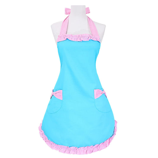 Violet Mist Lovely Retro Cute Aprons for Women with Pocket Blue Pink Vintage Aprons for Girls Ladies Ruffle Frilly Christmas Apron Kawaii Cotton 50s Maid Kitchen Aprons for Cooking Baking Mothers Gift