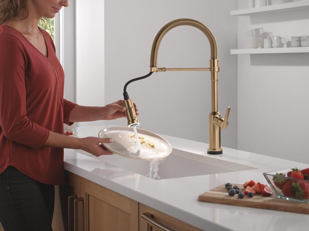 Delta Cordova Touchless Pro Style Commercial Kitchen Faucet with LED Spotlight, Brushed Gold Touch Kitchen Sink Faucet with High Pressure ProClean Spray, Lumicoat Champagne Bronze 9685TL-CZ-PR-DST