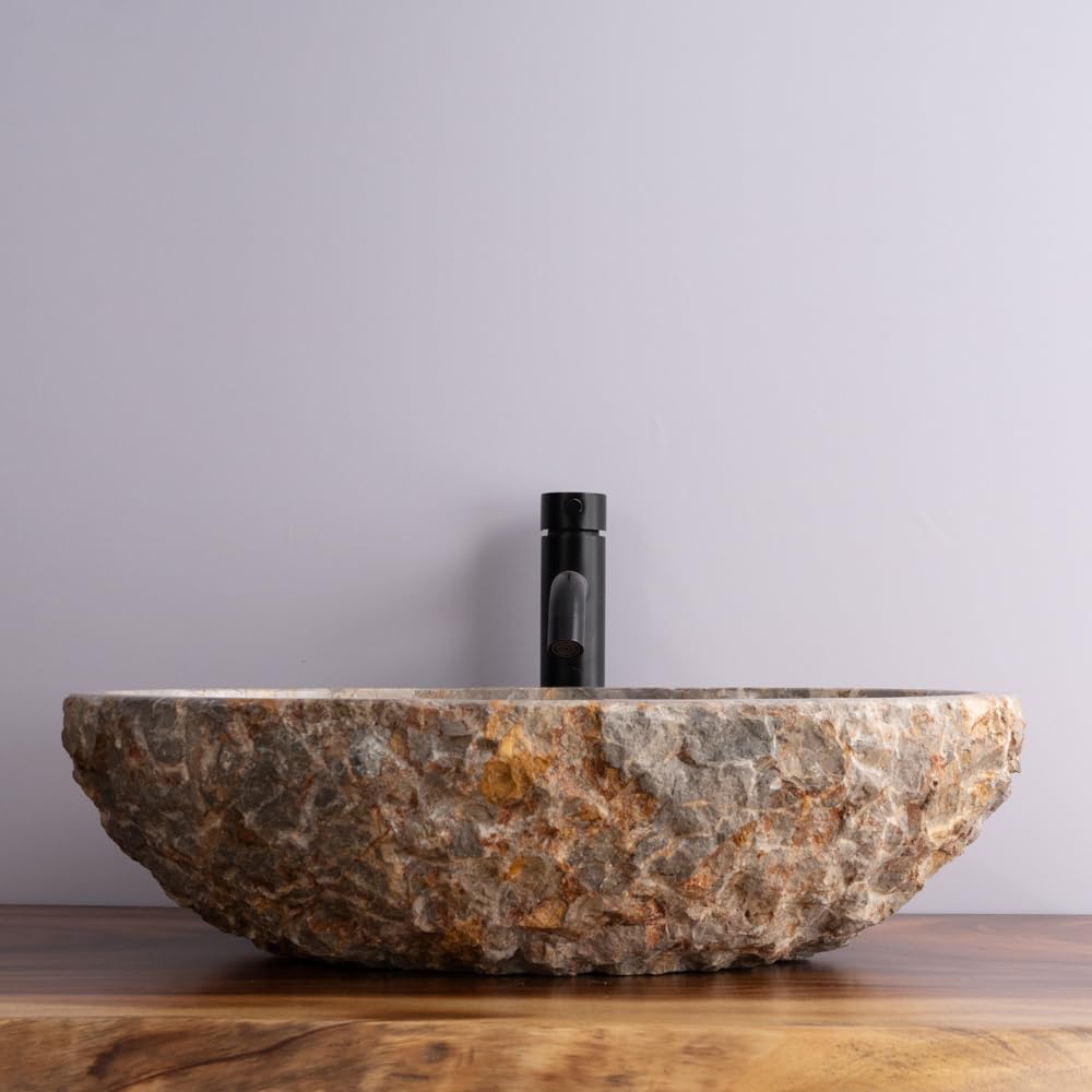 Organic Freeform Hand-Carved Marble Vessel Sink – Stone Vessel Sink with Chiseled Exterior & Natural Gold Veining – One-of-a-Kind Rustic Luxury Bathroom Sink