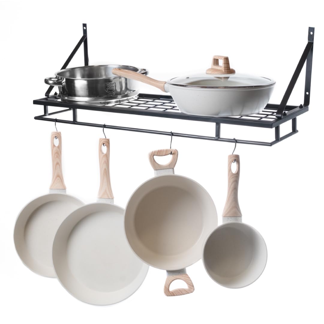 Caldwell Kitchen Co Pot and Pan Shelf – Heavy-Duty Adjustable Cookware Rack for Cabinet or Countertop | Space-Saving Kitchen Organizer for Pots, Pans & Lids Storage
