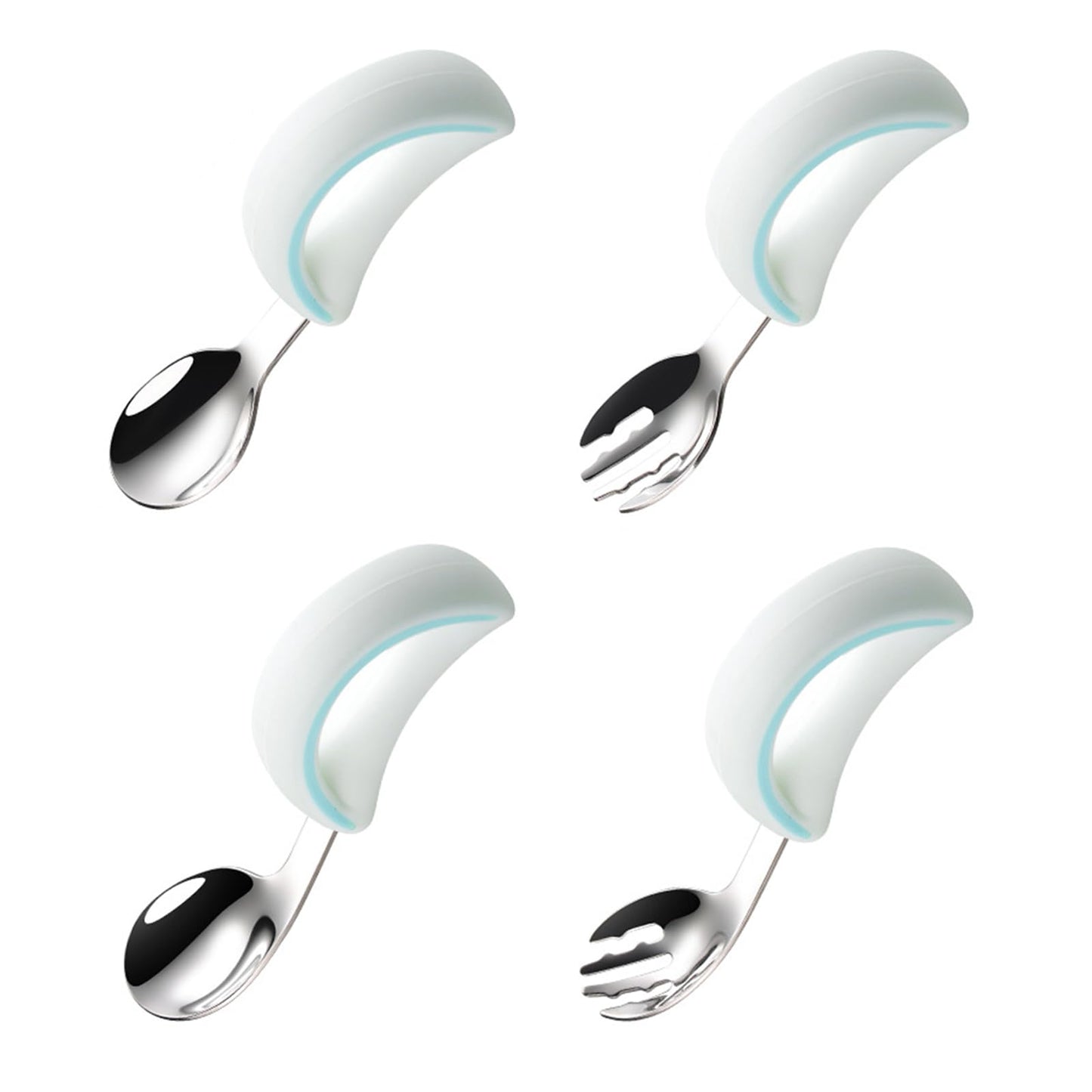 Baby Toddler Fork and Spoon Utensil Set, 4 Pack Silicone Stainless Steel Spoon Fork for Babies Toddler (Blue Set)