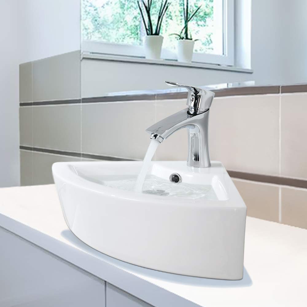 Wall Mount Corner Bathroom Sink with Faucet-Bokaiya 18x13 Inch Small Bathroom Sink with Overflow Wall Mount Triangle White Porcelain Ceramic Mini Vanity Space Vessel Sink