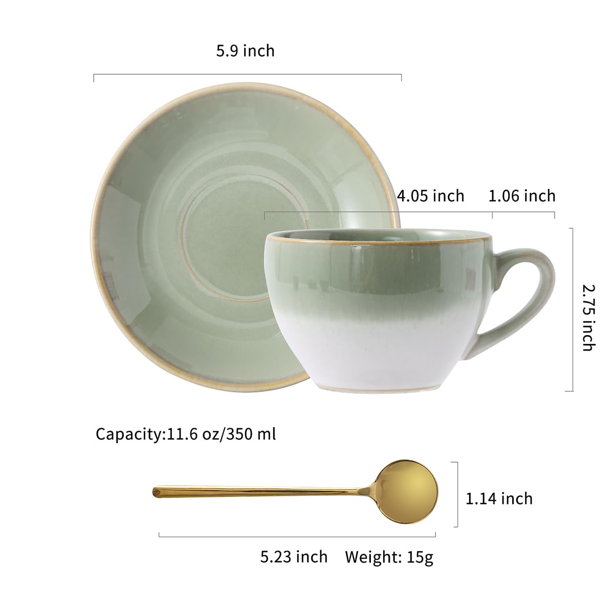 Tvvtuww Porcelain Coffee Cup with Saucer Spoon, Vintage Design Ceramic Latte Art Cappuccino Barista Espresso Tea Cup with Saucer (11.6 oz, 350ml, White Both Green)