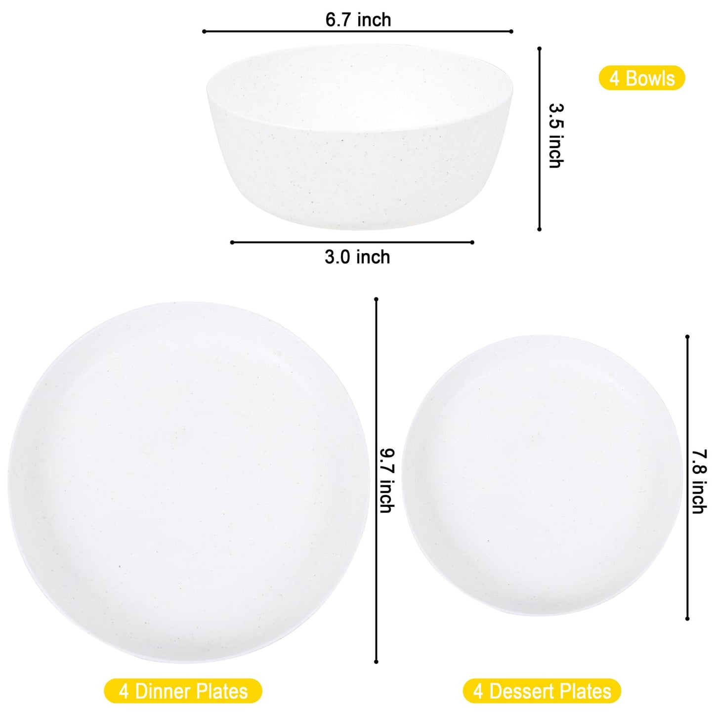 EI 12pcs White Wheat Straw Plates,Wheat Straw Dinnerware Set,Plates and Bowls Sets,Unbreakable Plastic Plate,Plastic Plates Reusable,Dinner Plates Set of 4,Plastic Dishes Set