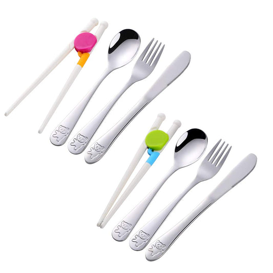 Poylim Stainless Steel Kids Utensils with Training Chopsticks | Toddler Silverware | Kids Silverware | Spoon + Fork + Knife + Chopsticks set | 4-12 Years+ | 8 Pieces | Dishwasher Safe