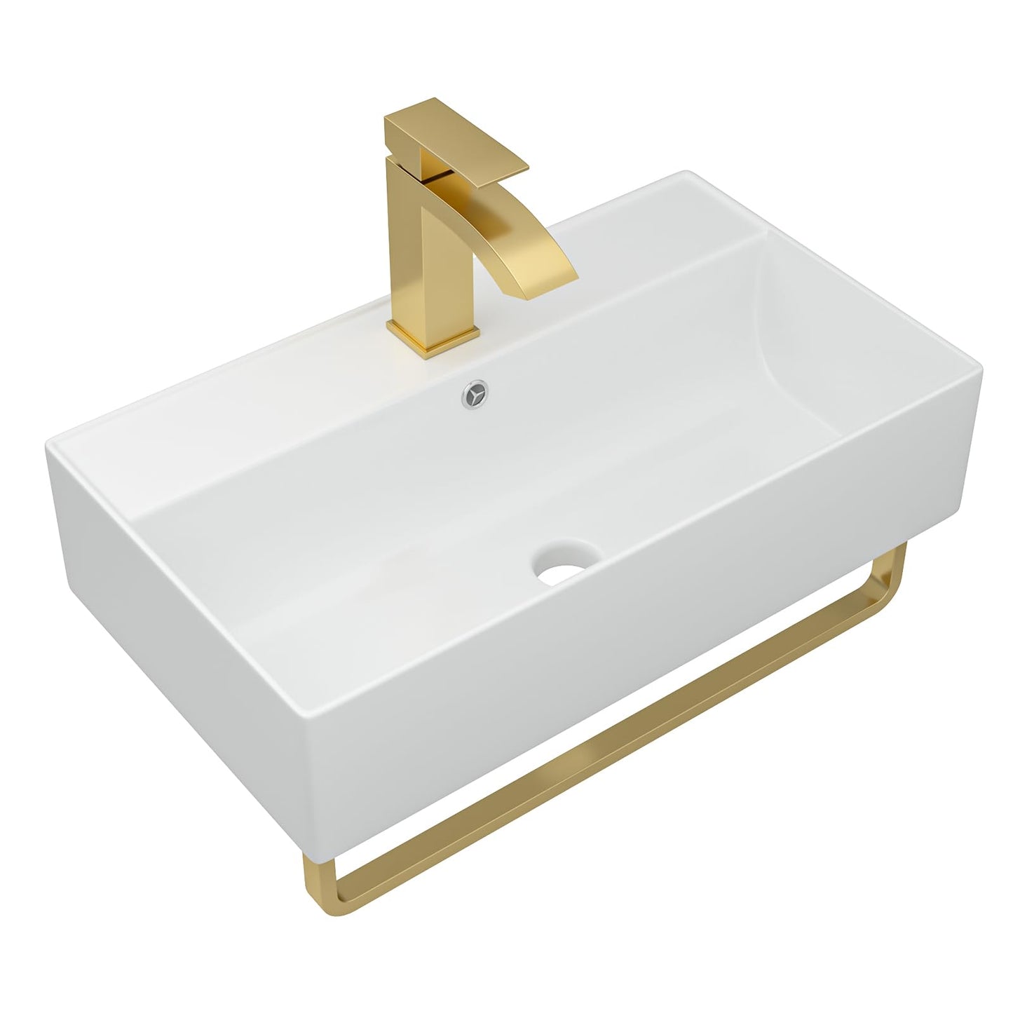 Dcolora 21 In. White Wall Mounted Bathroom Sink, Rectangular Ceramic Floating Wall Hung Sink with Gold Faucet & Towel Rack, Space-Saving Basin for Small Bathrooms #DC-SFDOE00088