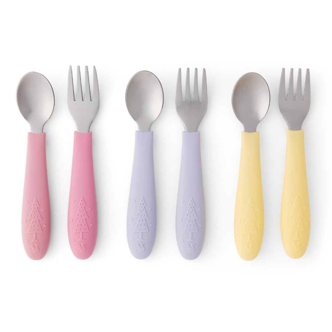 Elk and Friends Kids Silverware with Silicone Handle | Childrens Safe Flatware | Toddler Utensils | Baby Spoons + Forks | Stainless Steel Cutlery | Dishwasher Safe | 6 Pieces