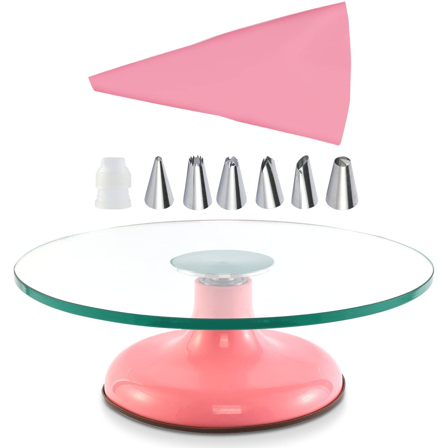 Distlety Glass Cake Turntable for Decorating: 12 Inch Cake Spinner Stand for Birthday Party Wedding Cake Decorating Supplies Tools (Pink)