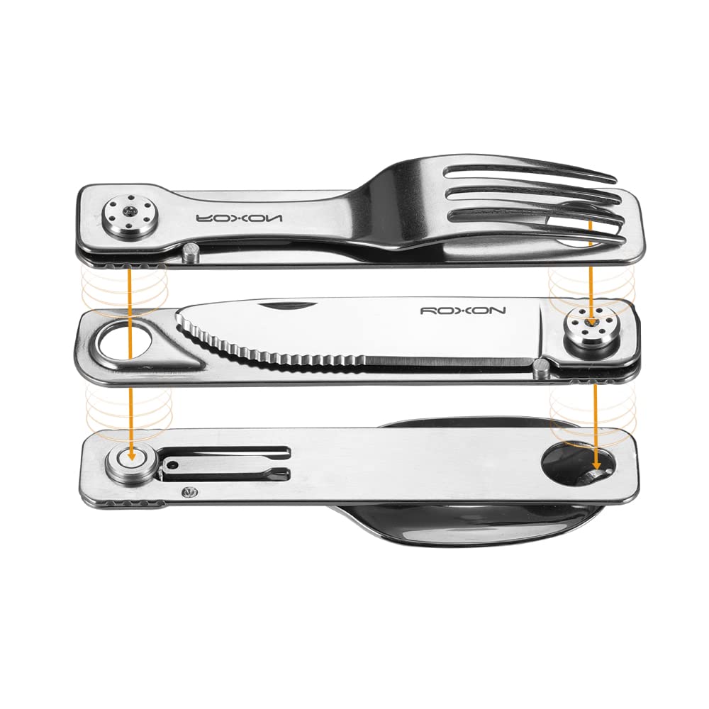 ROXON 3-in-1 Knife Spoons Fork + Pouch - Magnetic Folding Stainless Steel Camping Utensils Set - EDC Portable Lightweight Cutlery for Hiking Backpacking Travel Lunchbox Outdoor Silverware Essentials