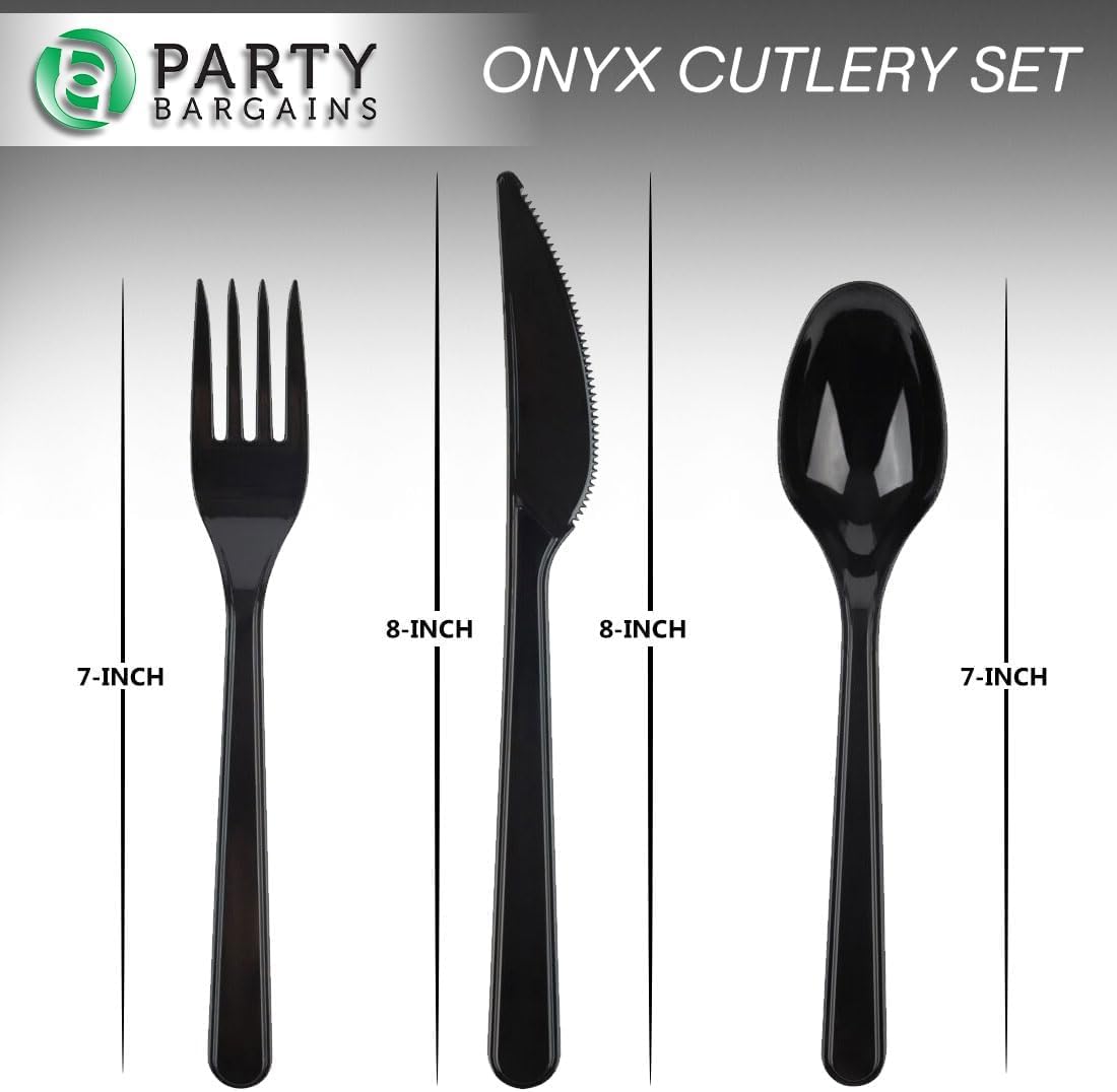 PARTY BARGAINS Onyx Settings Black Plastic Cutlery Set 720‑Piece – 360 Forks, 240 Spoons, 120 Knives – Heavy‑Duty Disposable Utensils for Parties, Weddings, Buffets, BBQs & Catering – BPA Free