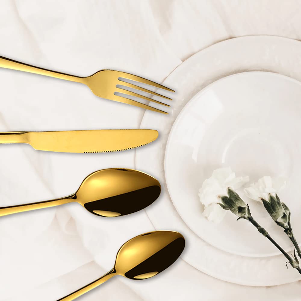 LAIION 24-Piece Golden Flatware Silverware Set,18/10 Heavy Duty Stainless Steel Flatware Service for 6,Cutlery Include Knife/Fork/Spoon/Coffee Spoon,Mirror Polished, Dishwasher Safety