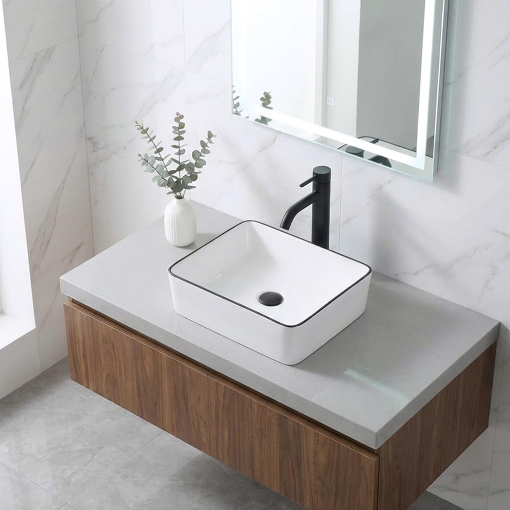 MAISINK Bathroom Vessel Sink, Rectangular 16"x12" Modern Small Bathroom Sink Above Counter, Rectangle White Porcelain Ceramic Small Vessel Sink With Black Trim