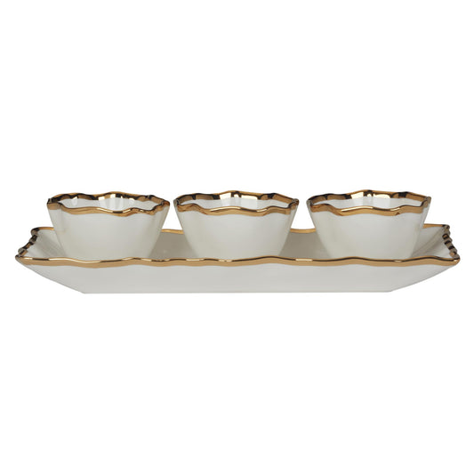 Regency Gold 4pc Porcelain Tray & Cond. Bowls Set, 14" Tray with 4.25" Bowls, Scalloped Edges & Metallic Gold Rim, Elegant Serveware for Dips, Sauces & Appetizers, Perfect for Entertaining & Holidays