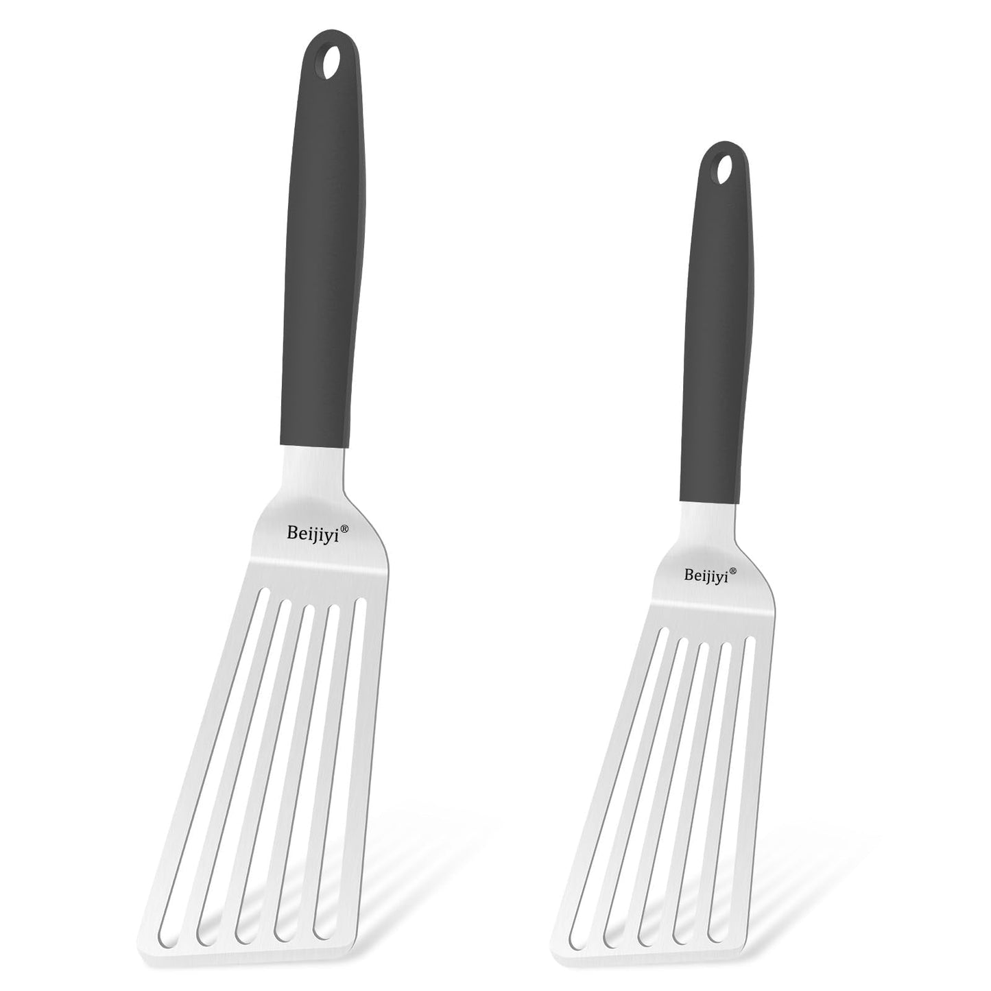 Beijiyi Stainless Steel Fish Spatula Set, 13.3"&11.3" Slotted Turner with Ultra Thin Beveled Edge, Heat Resistant Silicone Handle, Dishwasher Safe Metal Cooking Utensils for Fish, Egg, Burgers