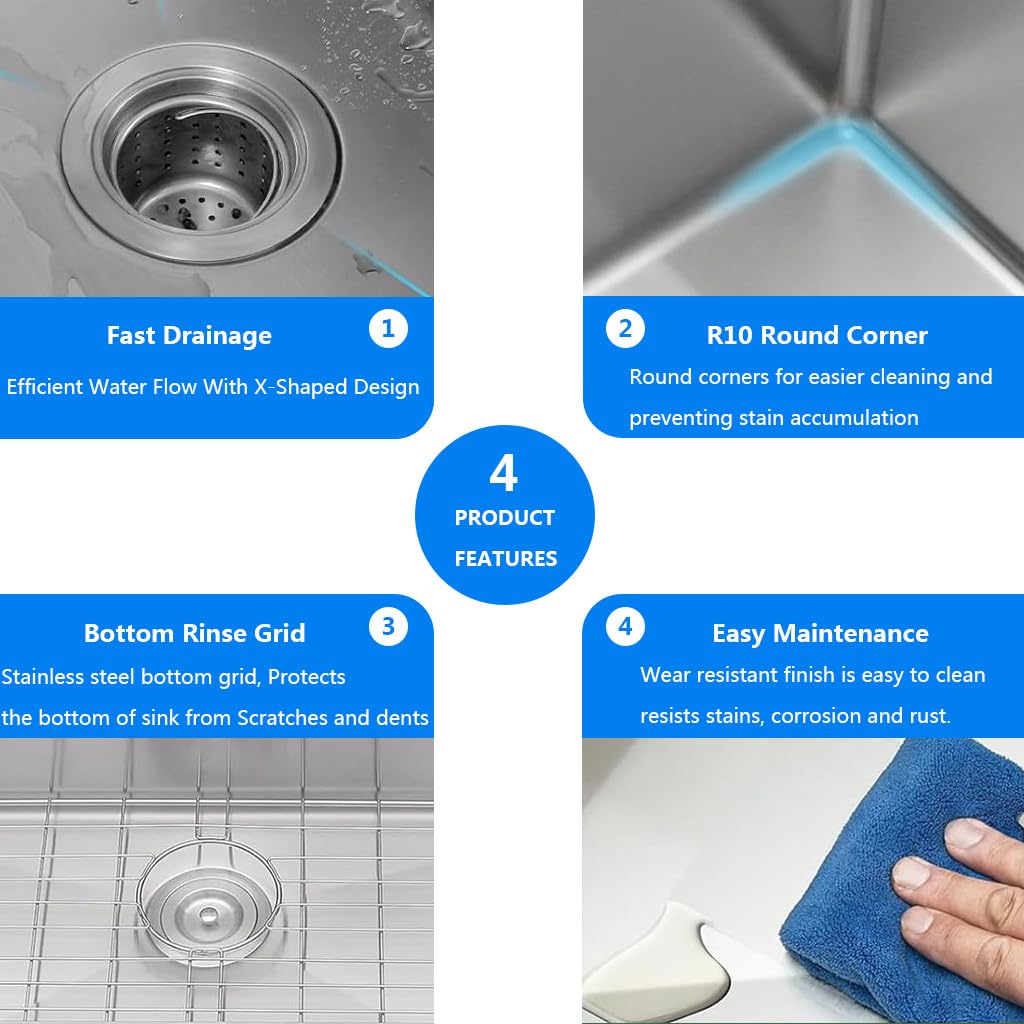 24 x 18 Inch Undermount 304 Stainless Steel Kitchen Sink, Deep Single Bowl Workstation Sink, Multifunctional Integrated Ledge One Basin Handmade Kitchen sink with Accessories