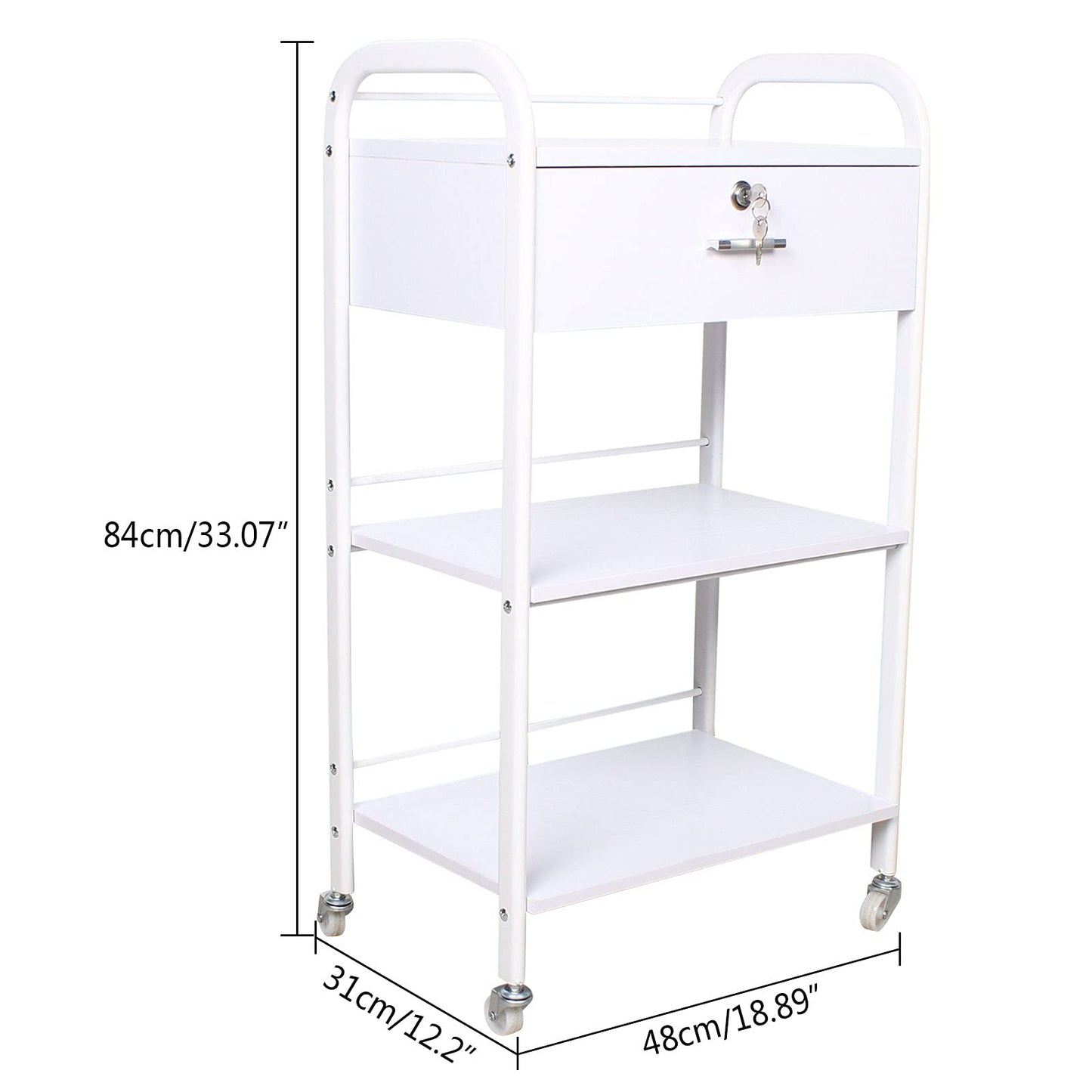 DYRABREST 3-Tier Utility Cart with Drawer, Mobile Serving Cart for Esthetician, Dental, Medical, Kitchen, Salon, 33LBS Load Capacity, White Rolling Trolley
