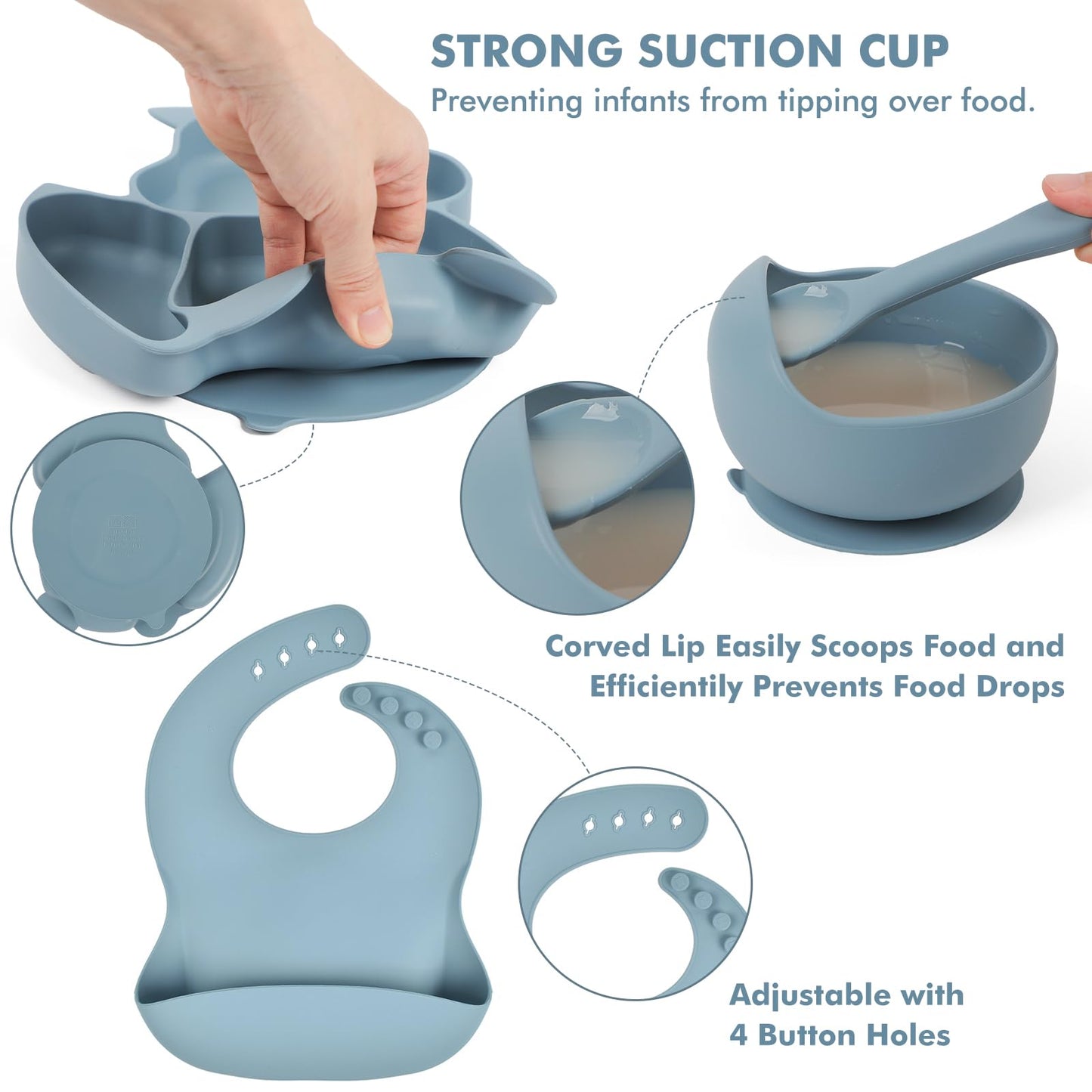 Silicone Baby Feeding Set 15 Pcs，Baby Plates,Baby Spoons Suction Bowl Divided Plate Bib Cup Finger Brush Training cups,Baby Led Weaning Supplies（blue）