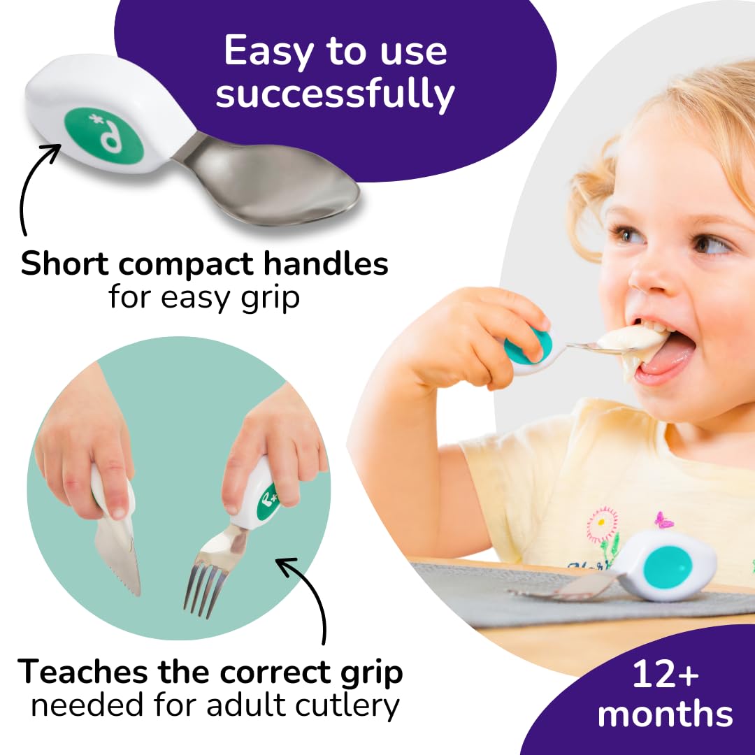 doddl Toddler Utensils, Ergonomic Fork Spoon and Knife Set for Self Feeding, Stainless Steel Silverware for 1-3 Year Olds, BPA Free, Dishwasher Safe (Aqua)