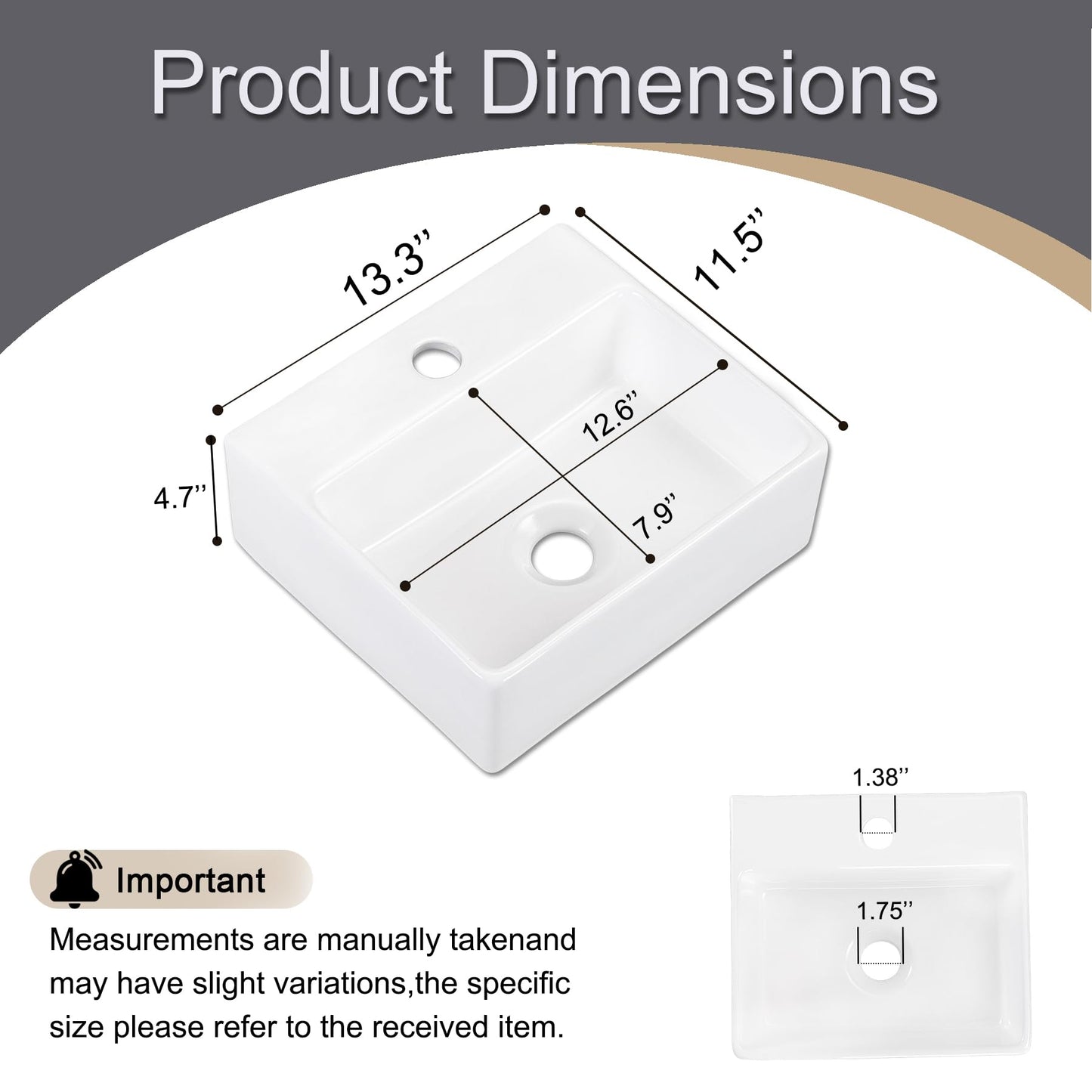 DEHOMEN Rectangle Wall-mount Bathroom Sink 13.3" x 11.5" Compact Ceramic Floating Square Vessel Sink Modern Vanity Classic Lavatory for Small Bathroom,Rvs White