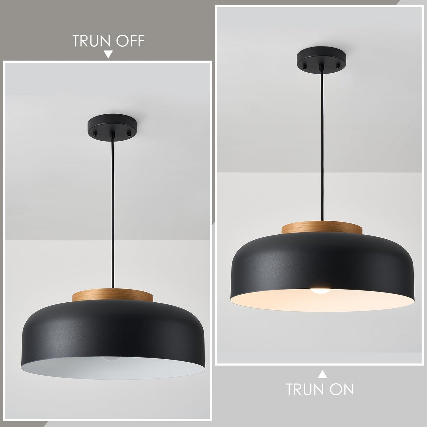 Modern Large Pendant Light Fixture, 17.7 inch,Natural Wood Cap, Matte Black Finish, Simple Pendant Lighting for Kitchen Island, Dining Room, Table
