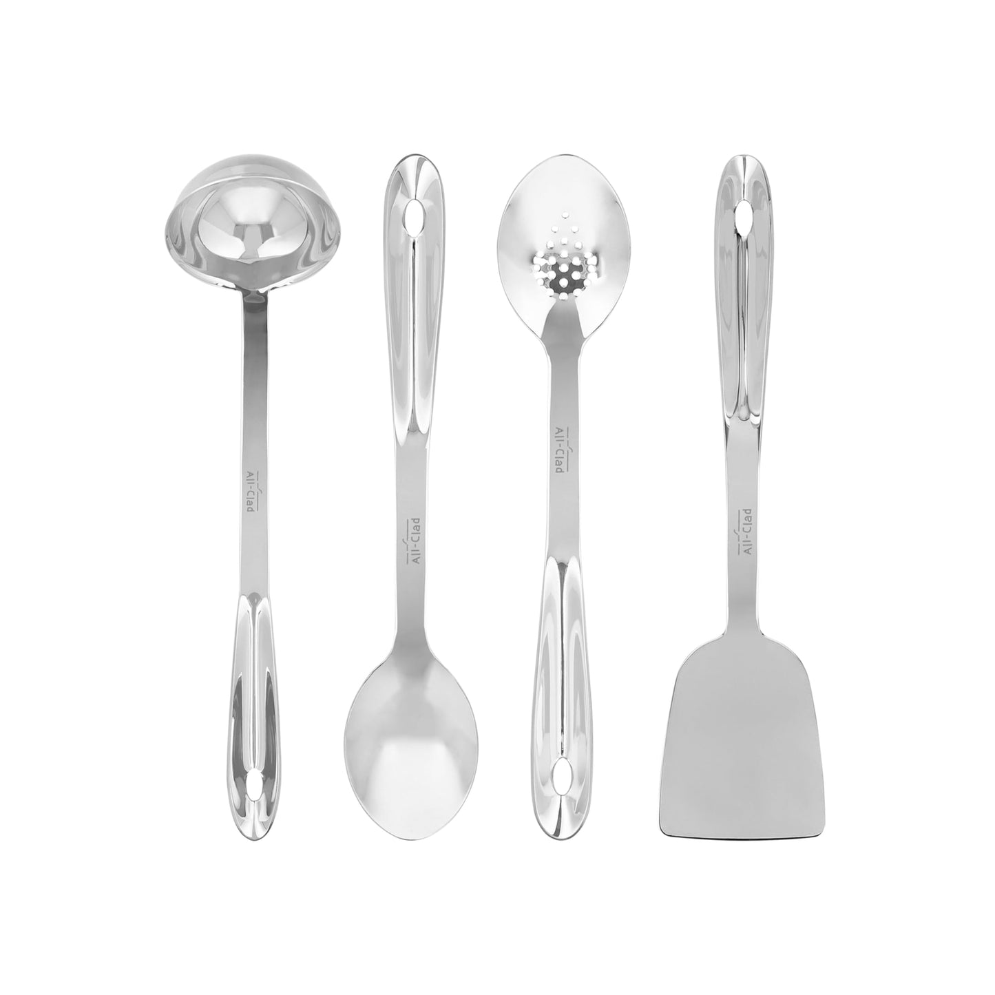 All-Clad 5-Piece Stainless Steel Kitchen Utensil Set – Includes Ladle, Solid Spoon, Slotted Spoon, Turner & Storage Caddy – Heavy-Gauge, Ergonomic, Dishwasher Safe, Silver