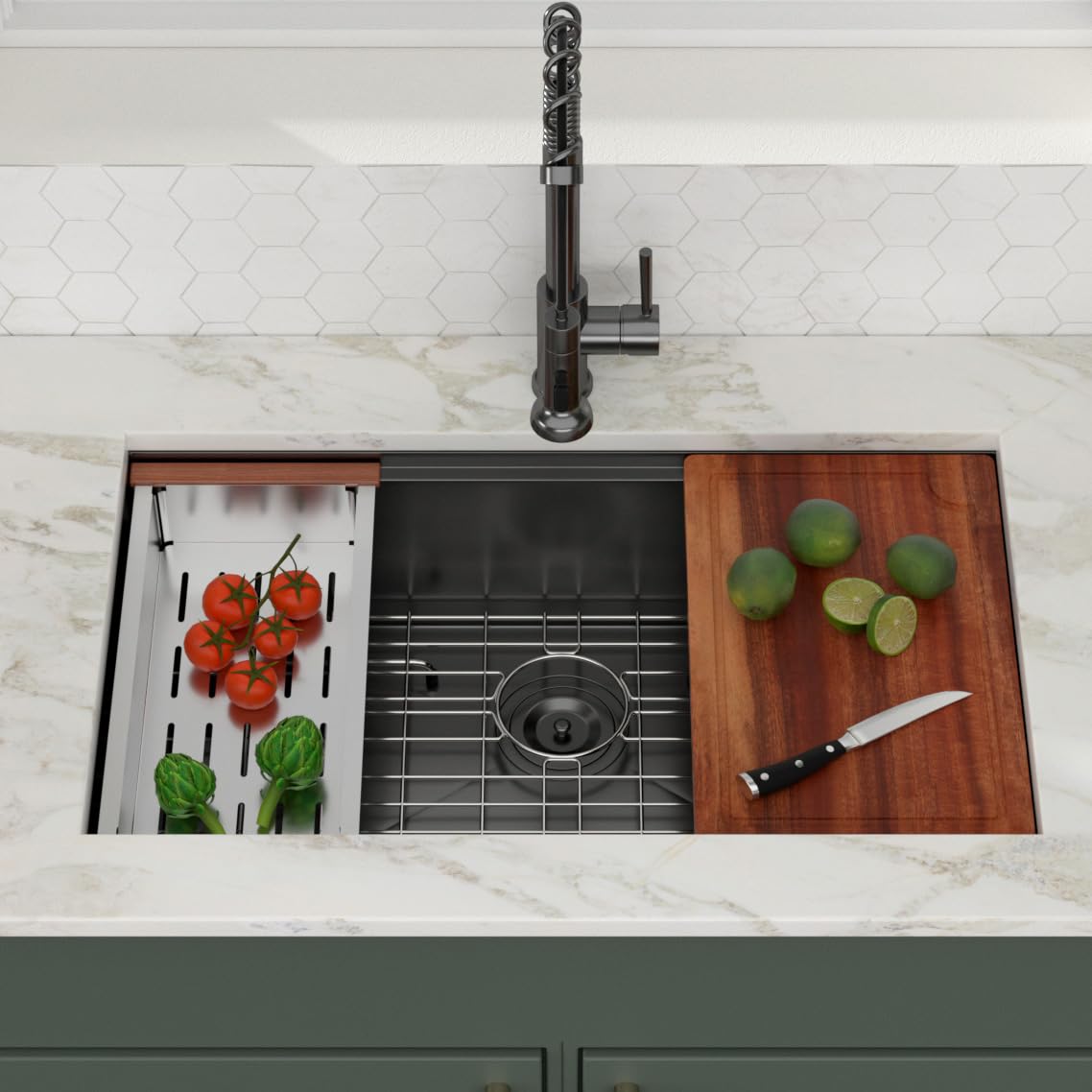 Logmey 30x19 Gunmetal Black Undermount Kitchen Sink 30 Inch Workstation Nano-PVD Stainless Steel Sinks 16 Gauge Single Bowl Kitchen Sink with Accessories 30x19x9