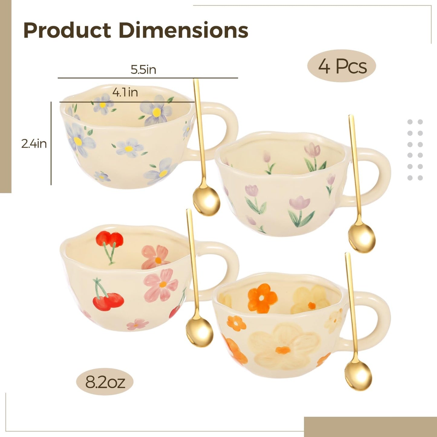 Homaisson Set of 4 Flower Ceramic Coffee Mugs, 8 OZ Floral Tea Cup Set with Spoons, Cute Cappuccino Cups Set, Porcelain Espresso Cups for Mocha Latte, Dishwasher Microwave Safe