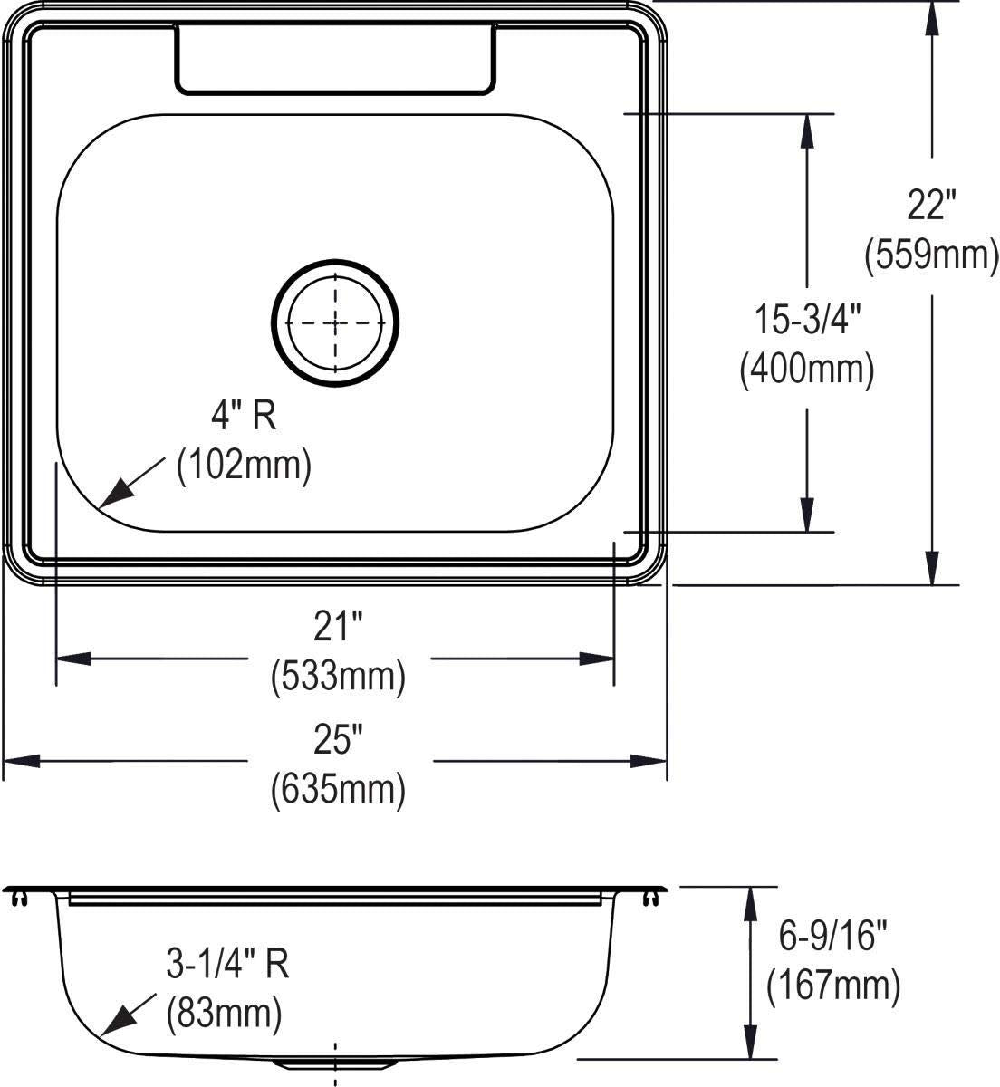 Elkay Dayton D125223 Single Bowl Drop-in Stainless Steel Sink, Satin, 25 x 22