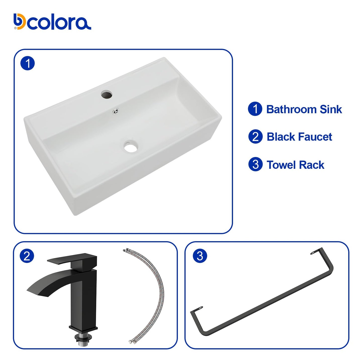 Dcolora 21 In. White Wall Mounted Bathroom Sink, Rectangular Ceramic Wall Hung Sink with Black Faucet & Towel Rack, Space-Saving Basin for Small Bathrooms #DC-SFDOE00089